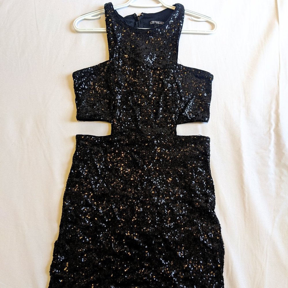 Black sequin cutout cocktail dress